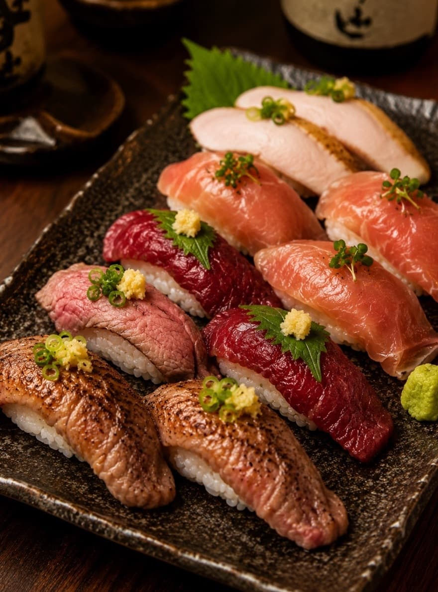 Nikuzushi (meat sushi) assortment